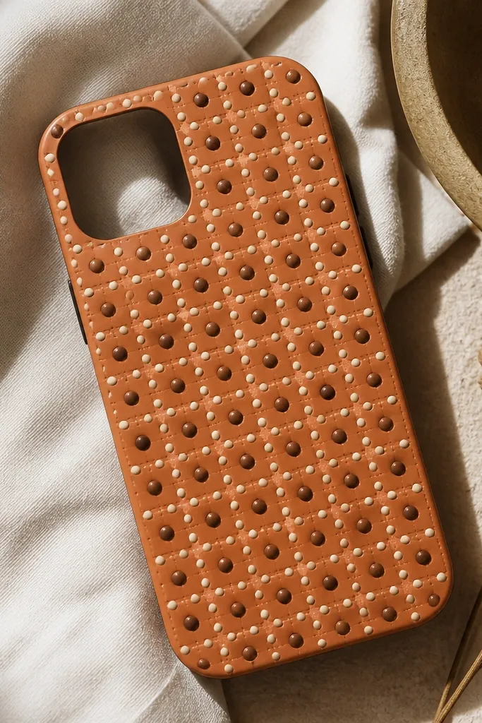 A phone case painted warm terracotta with a grid of small cream and brown dot tiles. The dots look slightly raised and ceramic-like.