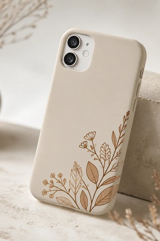 A phone case with warm brown botanical line art near the bottom corner. The lines are crisp, and the finish is matte with no visible sticker edges.