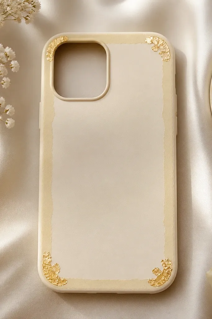 A cream phone case with a buttercream-colored washi tape border. The corners have small pieces of soft gold leaf, and the center stays clean.