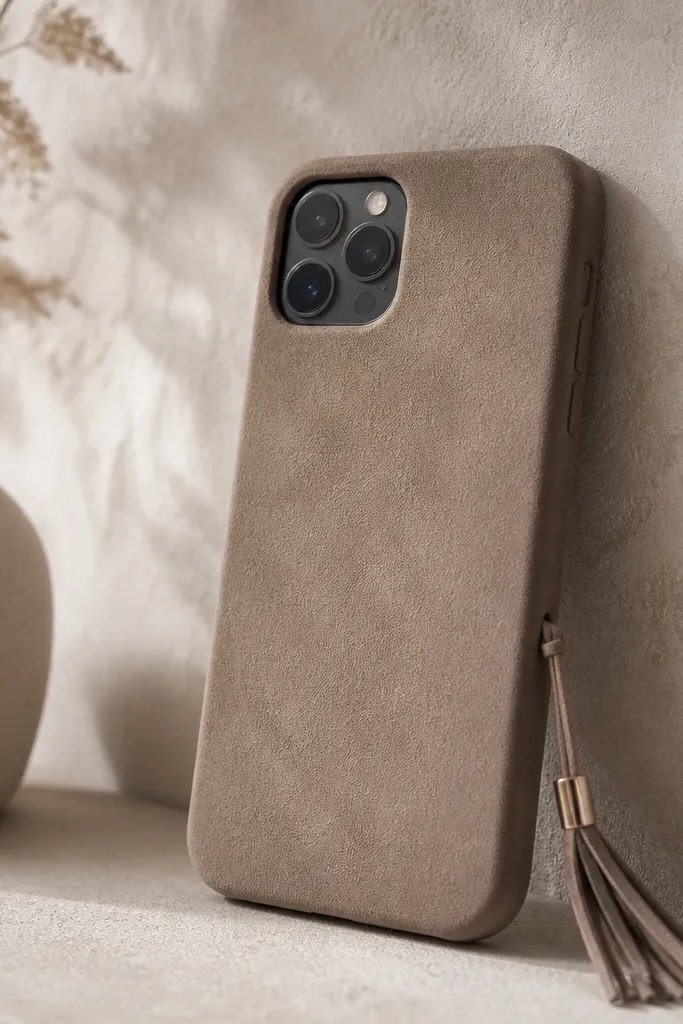 A warm taupe phone case with suede-like texture and a small tassel hanging from the side near the bottom. The case surface looks matte and soft.