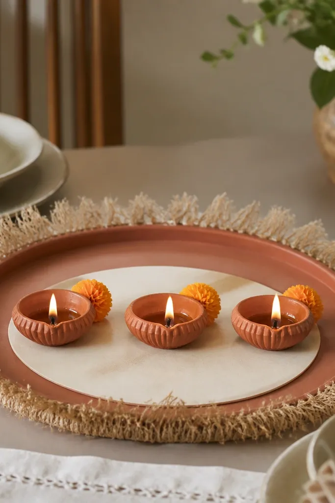 A round terracotta-colored serving tray sits on a dining table. Around the rim, a strip of coarse jute is glued in a loose fringe. Three small diyas line up in the center on a cream paper circle, with tiny marigold-like paper flowers tucked near the flames.