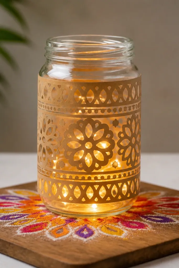 A clear mason jar is wrapped with thin kraft paper bands like a simple rangoli. Inside the jar, a string of tiny LED tea lights sits at the bottom. The jar is placed on a small wooden board, with colorful rangoli powder marks drawn on the board around it.