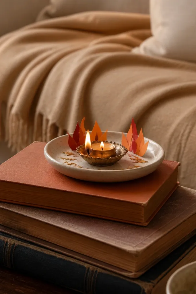 A stack of old hardcover books is arranged low on a coffee table. A small diya sits in a shallow saucer on top, surrounded by cut-out paper flames and gold star stickers. The background has a warm beige throw blanket.