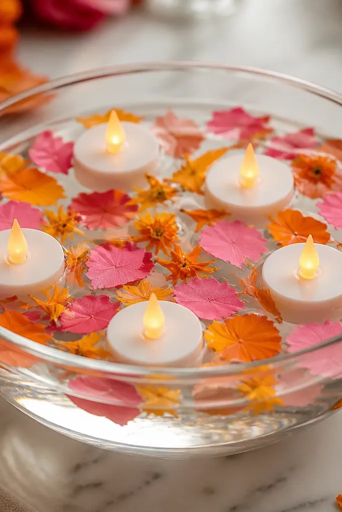 A wide glass bowl holds a shallow layer of water. Several LED tea lights appear to float near the surface. Pink and orange paper petals and a few real marigold petals scatter around the lights.