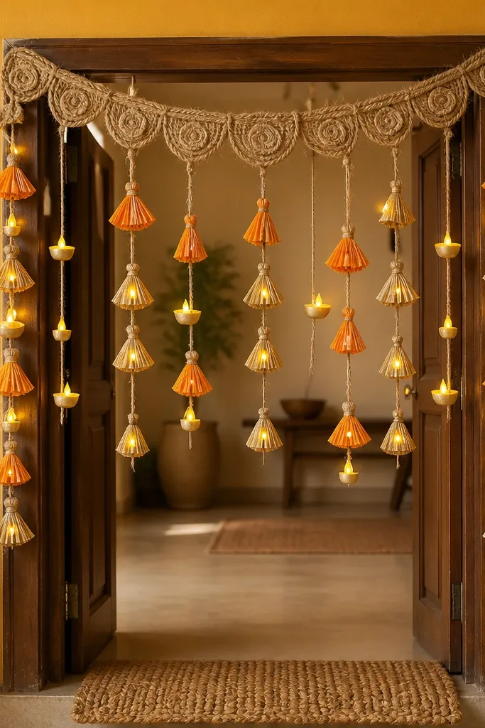 A doorway is framed with a handmade toran made from jute and orange-gold paper tassels. Small LED diya lights are clipped to the hanging strands. The background shows a warm yellow wall and a simple door mat.