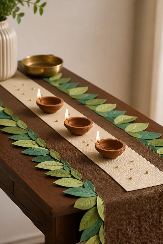 A side table is covered with a strip of brown runner cloth. Along the runner, cut paper leaves in green shades line the edges. Three diyas sit in the center on a narrow cream strip, with small gold dots around them.