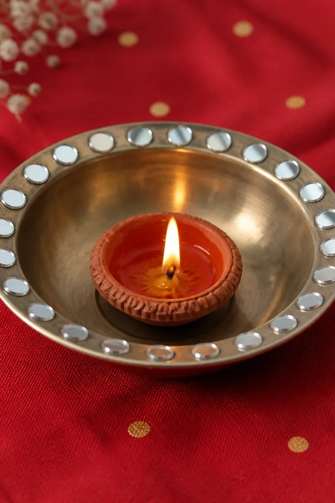 A small metal katori bowl holds one diya at the center. Around the bowl rim, tiny mirror pieces are glued in a dotted ring. The katori sits on a red cloth with a few scattered gold dots.