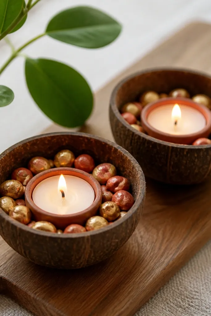 Two small coconut shell halves are arranged like mini planters on a wooden board. A diya sits in each shell. Inside the shells, there are tiny painted pebbles in gold and terracotta colors.