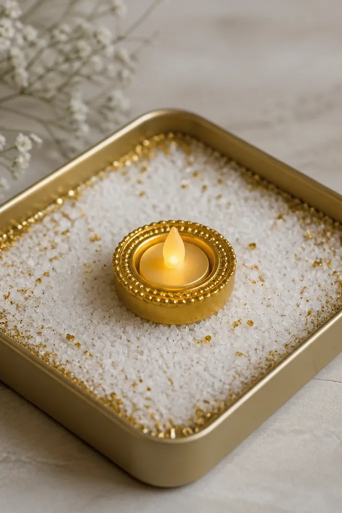 A small rectangular tin is filled with white salt. One LED diya sits in the middle. Gold glitter specks are sprinkled around the diya and along the tin edges.