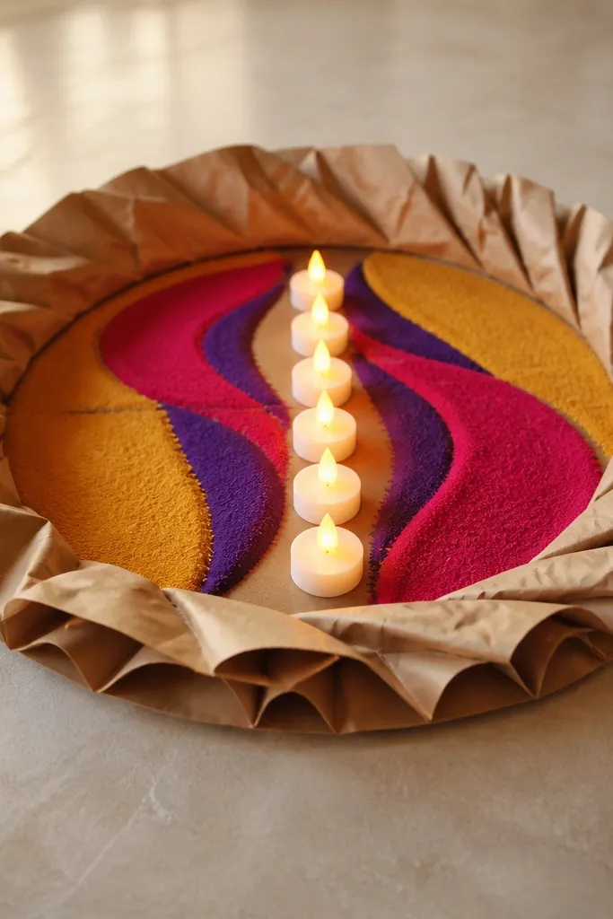 A circular frame is made from kraft paper on a floor or low table. Inside the frame, a line of LED tea lights sits in a shallow arrangement. Colored rangoli powder forms curved patterns around the lights.