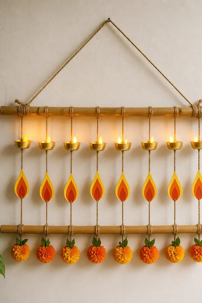 A small wall hanging made from two bamboo sticks is tied with jute string. Several tiny LED diyas are attached along a horizontal line. Paper flame cutouts hang between them, and a few faux marigold clusters sit at the bottom.