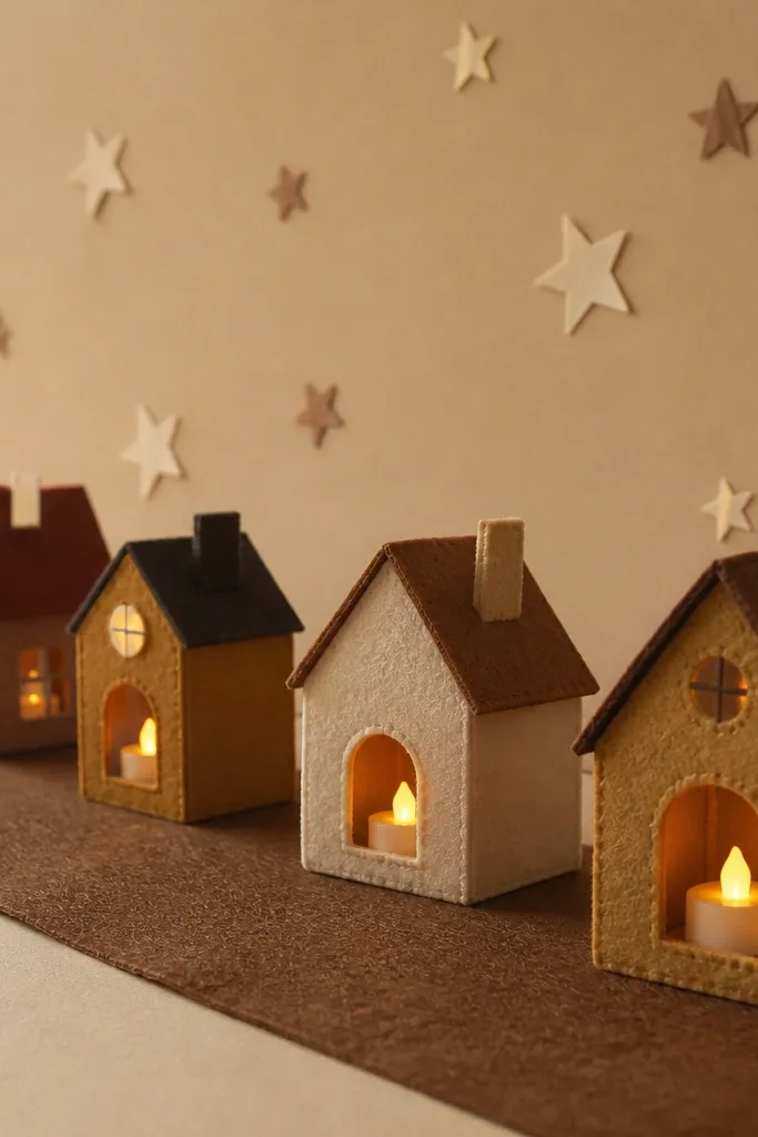 A long strip of brown felt is laid like a road. Small felt houses sit along it, each with a tiny LED diya in a cut-out window. The background has paper stars and a warm beige wall.