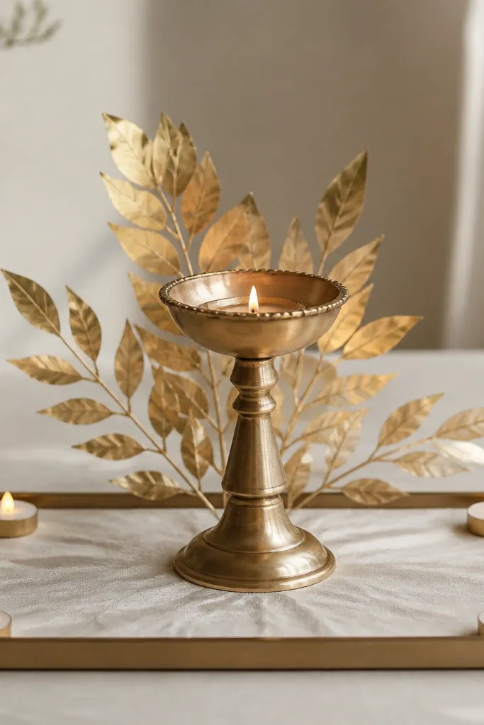 A rectangular tray holds one large diya in a tall holder. Behind it, gold foil leaf cutouts fan out. The tray base is covered in cream fabric, and a few tiny tealight LEDs sit far corners.