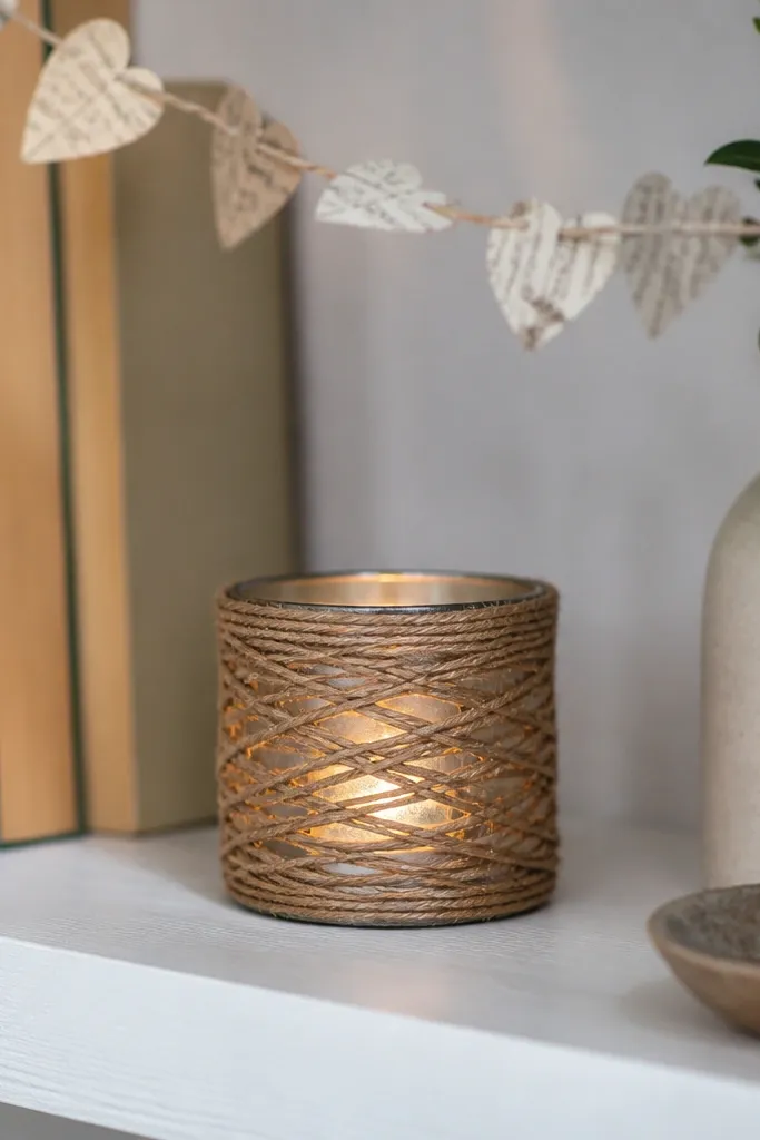 A small tin can is wrapped in brown twine in a crisscross pattern. A warm LED tea light sits inside the can. The can is placed on a shelf with a small paper garland above it.