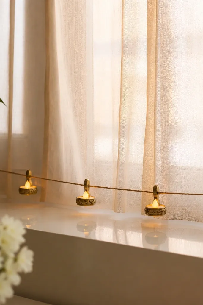 A window ledge is decorated with a thin jute string stretched horizontally. Small LED diya lights are clipped at intervals along the string. Behind them, sheer beige curtains glow softly.