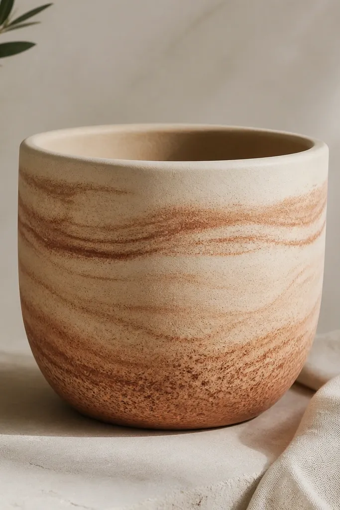 A terracotta pot painted in a soft oatmeal base with uneven wipe-wash bands of burnt sienna wrapping around the pot; the lower third has darker speckling and the rim stays clean.