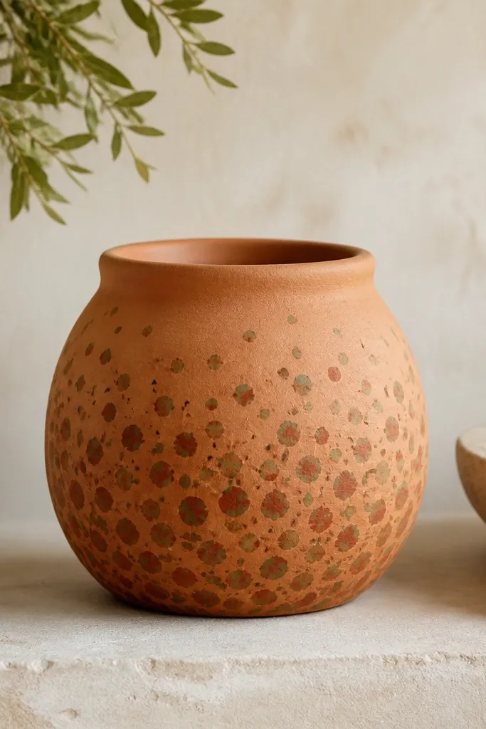 A pot with a warm clay-orange base and scattered sponge-dab dots in moss green and darker terracotta; dots vary in size and fade slightly toward the top.