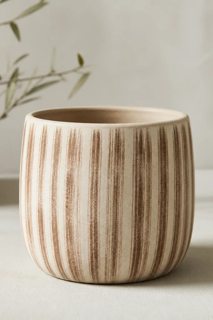 A beige-cream pot with thin, dry-brushed cedar brown vertical stripes; the base still shows through and the rim is clean and unpainted.