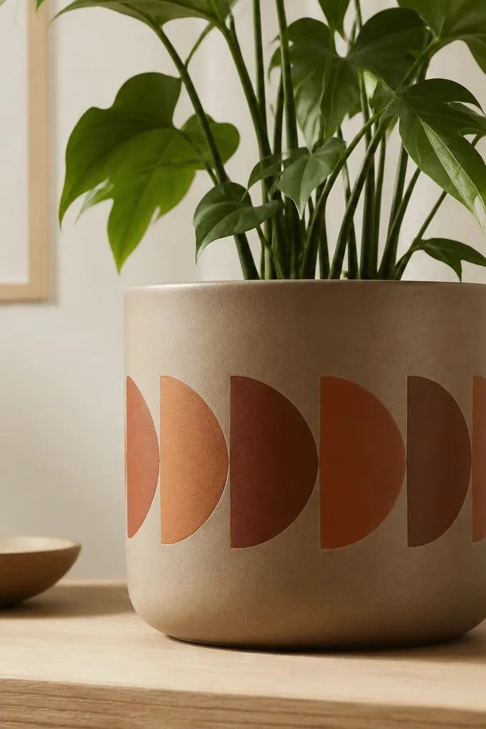 A pot with a warm taupe base and a thick band of half-moons in terracotta and burnt sienna around the middle; the half-moons alternate shades.