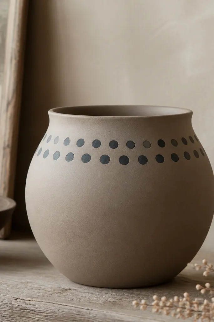 A warm taupe pot with a charcoal dot border in two stacked rows near the top; dots are evenly spaced and slightly varied in size.