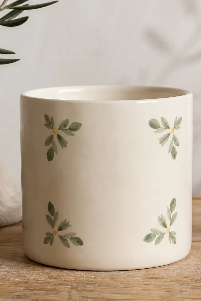 A cream pot with small sage green leaf clusters painted in the corners of an invisible square, with tiny yellow dots as centers.