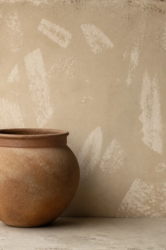 A pot with a dusty oatmeal background and irregular lighter shapes where crayon resist created a crayon-like texture; edges look speckled and aged.