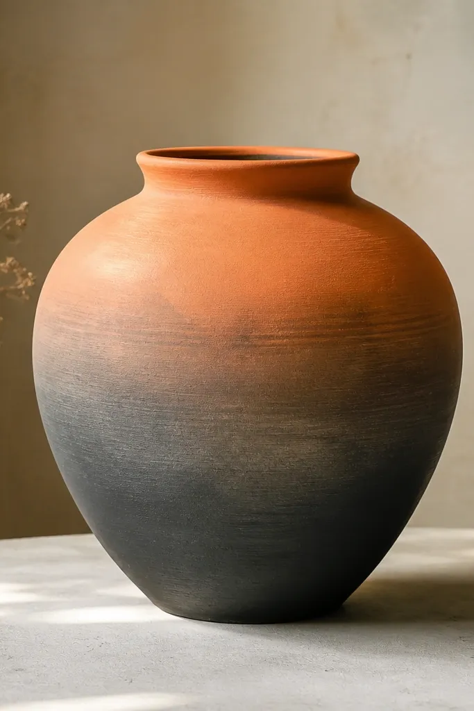 A pot that fades from warm clay-orange at the top into charcoal at the bottom, with a smooth gradient and slightly visible brush texture.
