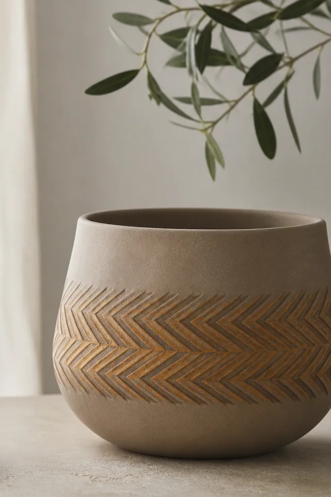 A taupe pot with a horizontal herringbone band in ochre and a darker brown; V-shaped rows wrap around the pot.
