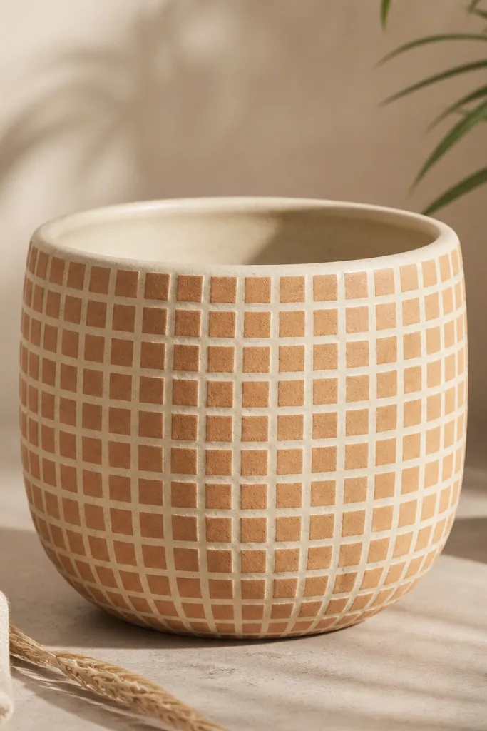 A cream pot covered in a pattern of small terracotta squares, with lighter cream lines between them and a few darker specks.
