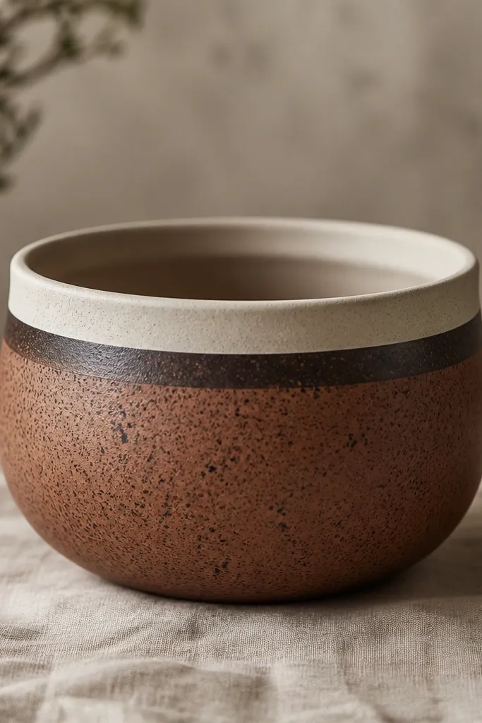 A pot with a clean cream rim, a speckled body in terracotta and cocoa-brown, and a darker band just below the rim.