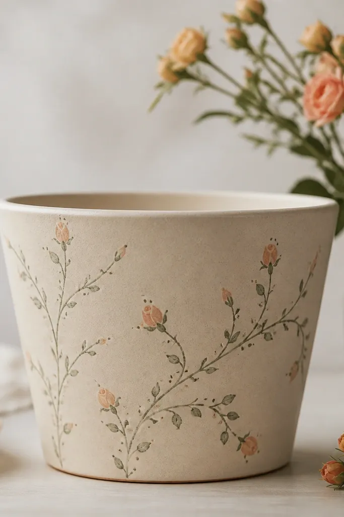 A pale beige pot with tiny peach rosebuds and thin sage stems curling around it; there are small green dots along the stems.
