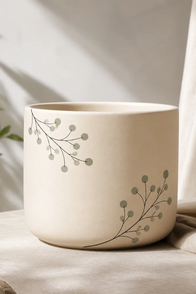 A warm cream pot with thin charcoal vine lines growing from two opposite corners; small sage circles dot the vines.