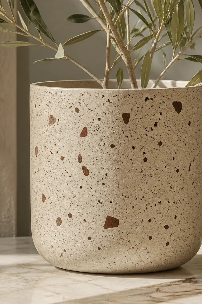 A beige pot covered in terrazzo-like specks in burnt umber and small lighter cream flecks, with a few larger irregular chips.
