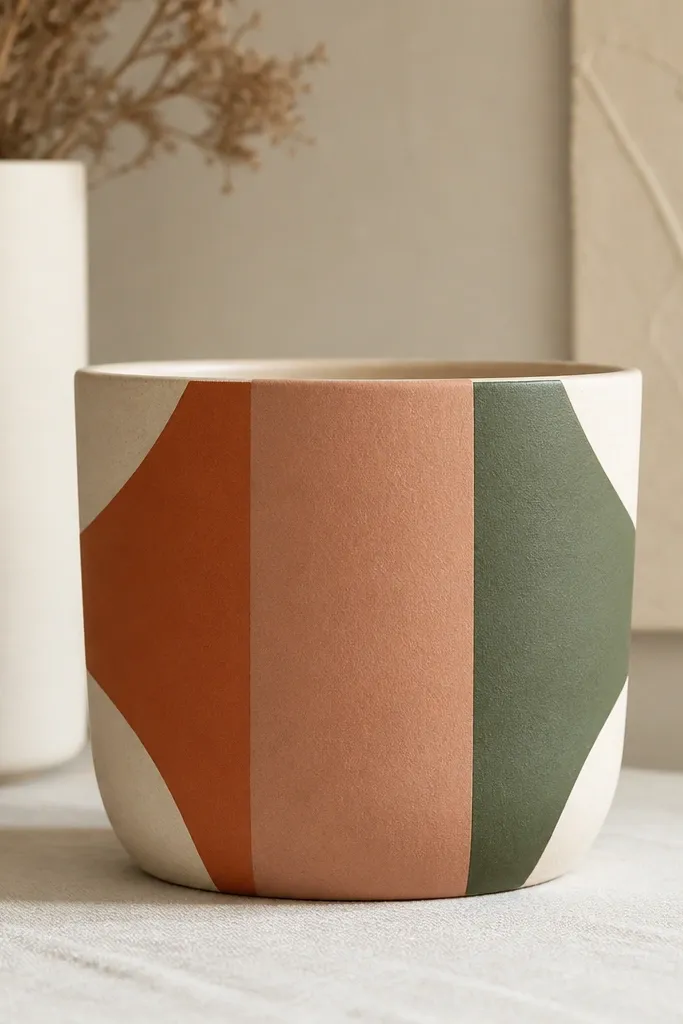 A pot with three vertical color blocks in terracotta, warm clay, and moss green, separated by oatmeal corner shapes; edges are crisp and tape-straight.