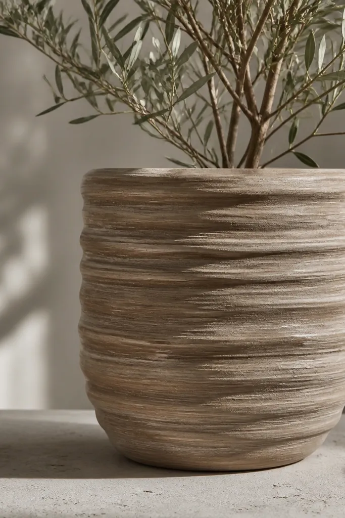 A pot painted in warm taupe with thick, horizontal ridges made by a stiff brush; ridges are darker in some areas and lighter on peaks.