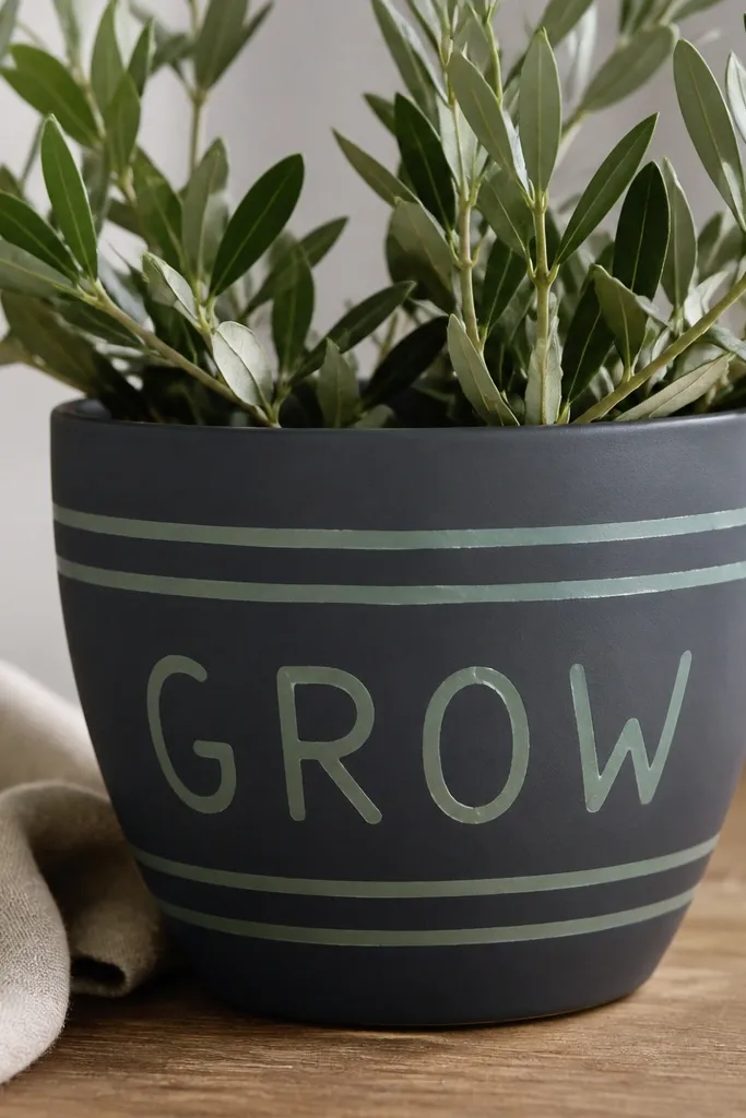 A pot painted dark charcoal with a matte chalkboard finish; sage painted lines and a simple word-like message in block letters.