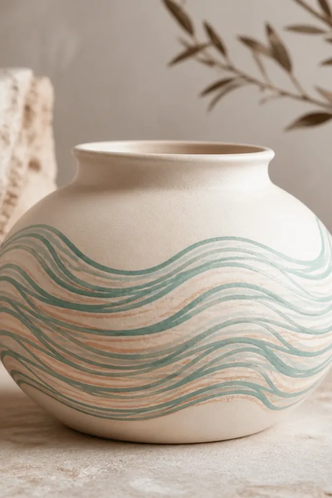 A cream pot with seafoam wave lines wrapping around the belly, layered over faint clay-orange under-waves; waves look slightly uneven and hand-drawn.