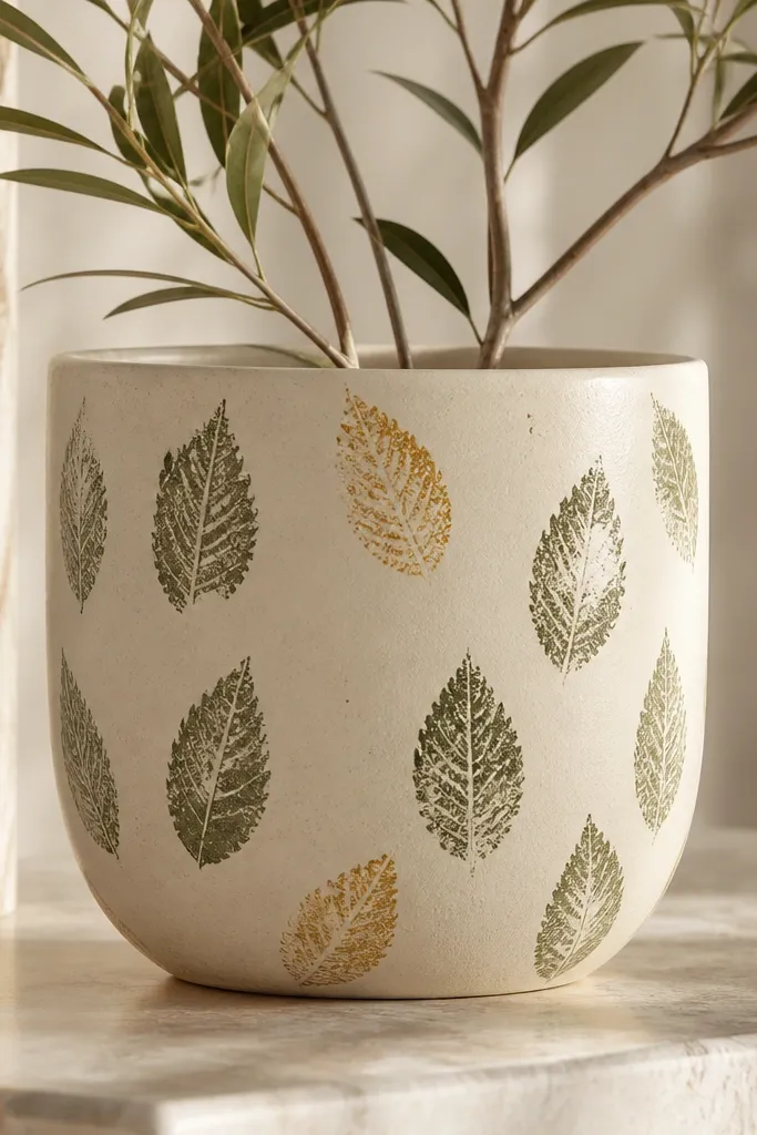A warm cream pot with repeated leaf-shaped sponge prints in sage and a few gold accents on select leaves; prints are slightly spaced and varied.