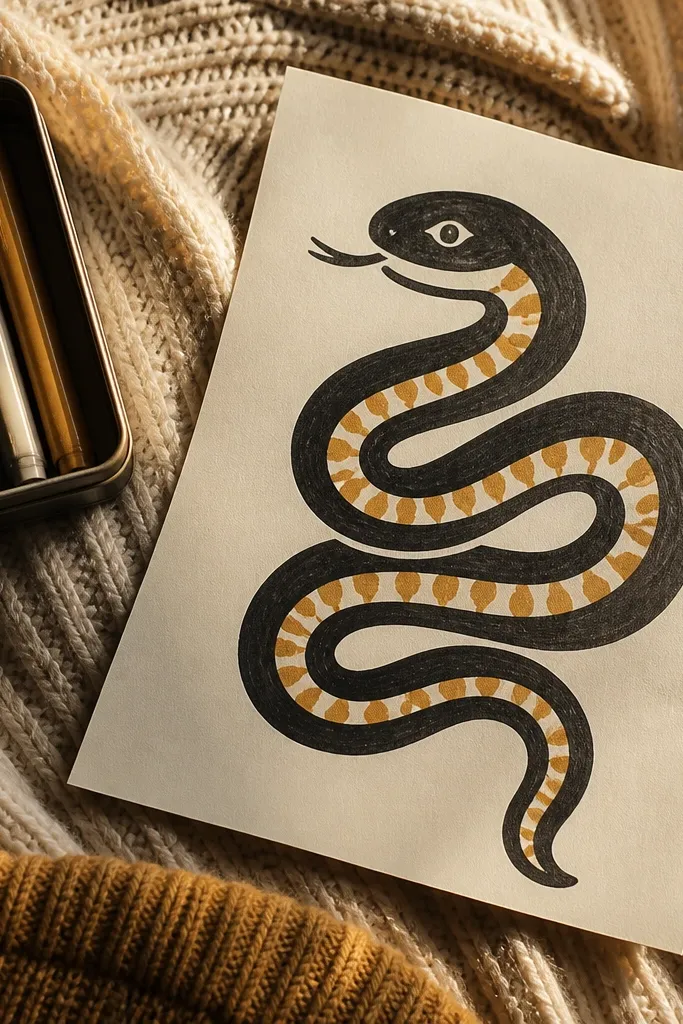 A curled snake with thick outline and a dotted belly on warm paper