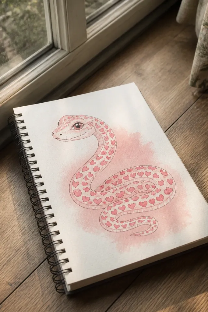 A side-facing snake with a few heart-shaped scales and a cozy smile