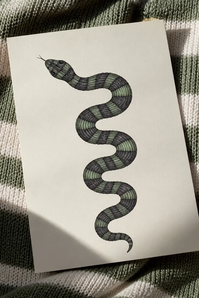 A snake covered in wavy blanket stripes with warm, soft shading