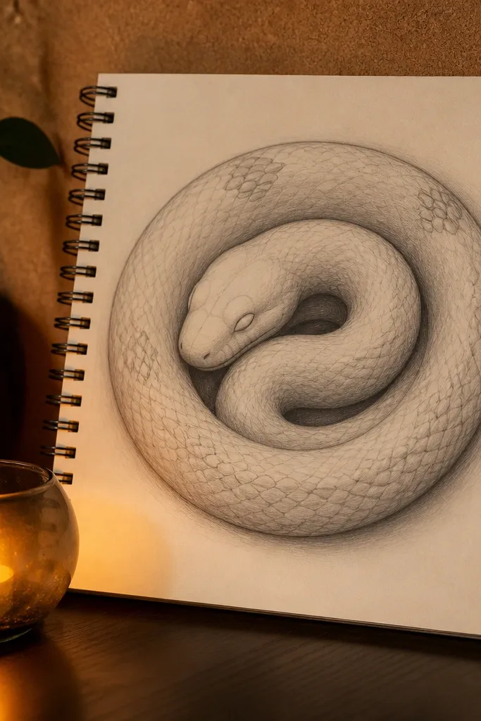 A coiled sleeping snake with closed eyes and a soft spiral outline
