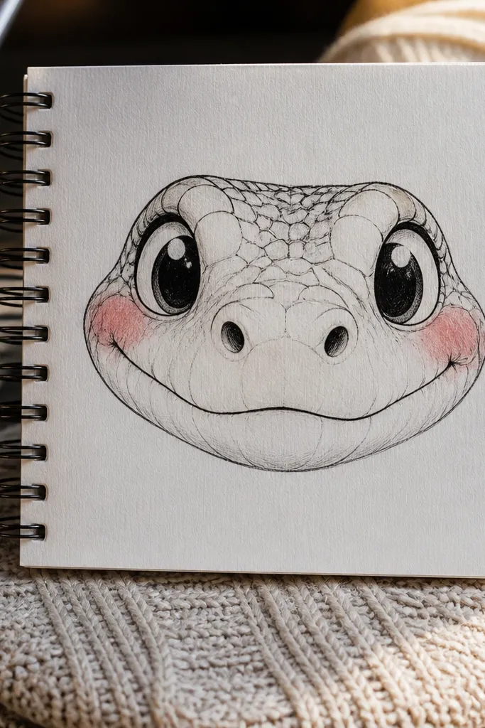 A snake face with big eyes and small blush spots on cheeks