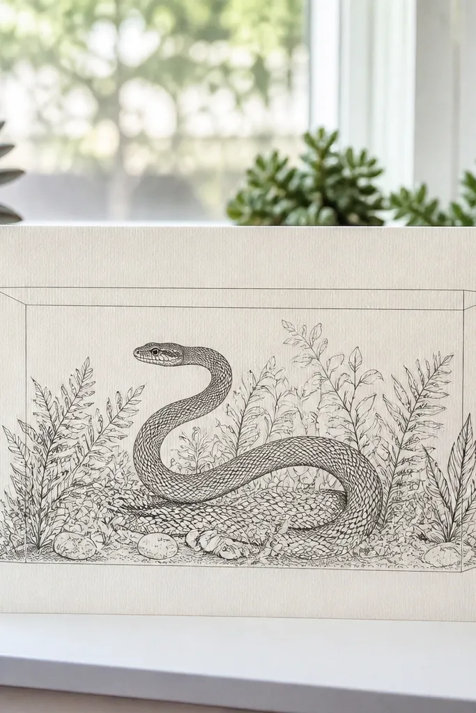 A snake inside a rounded terrarium with tiny leaf pattern details