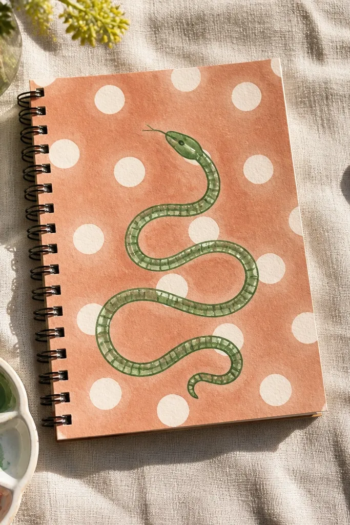 A looping snake outlined in black on a polka dot background