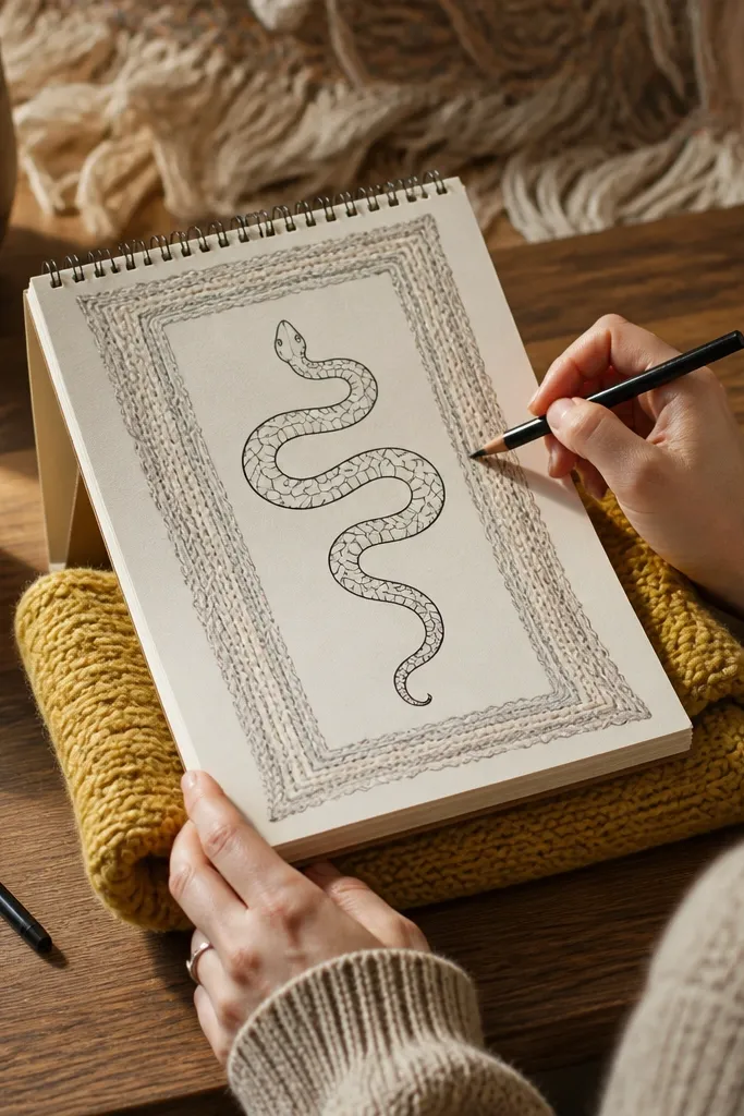 A wiggly snake surrounded by a scarf-like border pattern