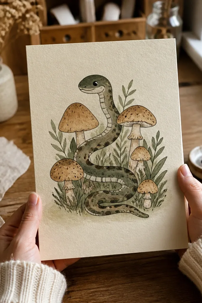 A friendly snake beside mushrooms with a cozy forest feel