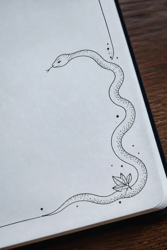 A snake drawn along the corner with clean line work and tiny scale marks