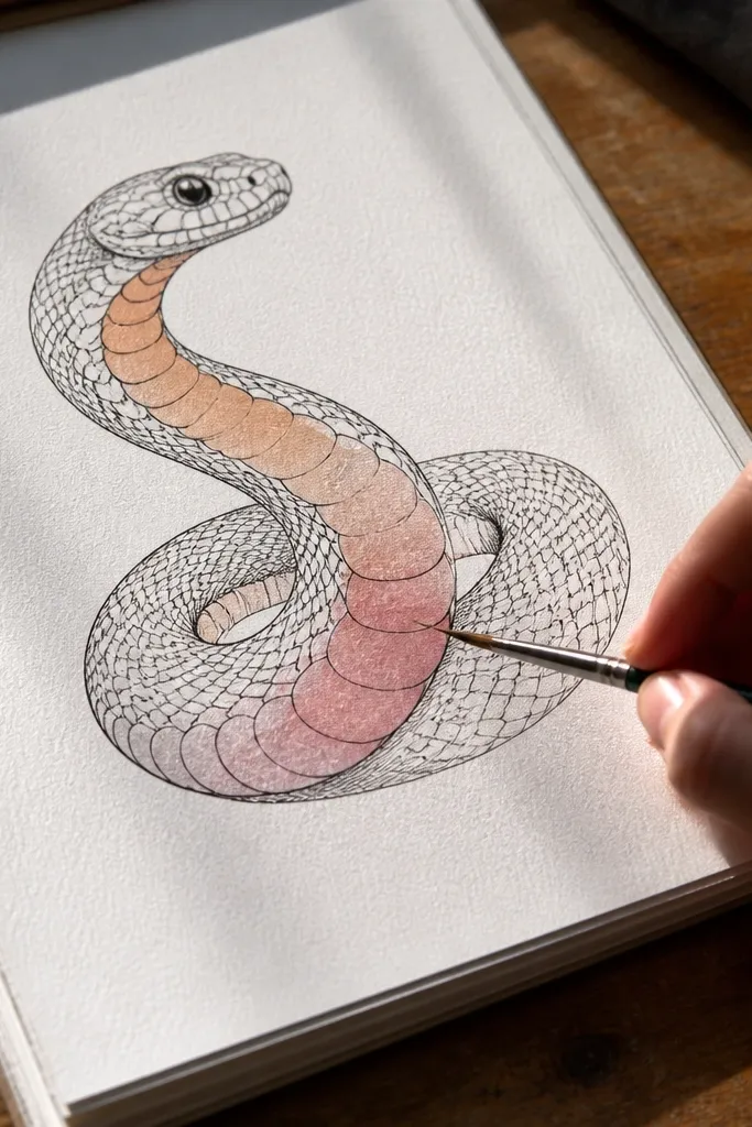A snake with a soft watercolor wash on the belly and crisp outline
