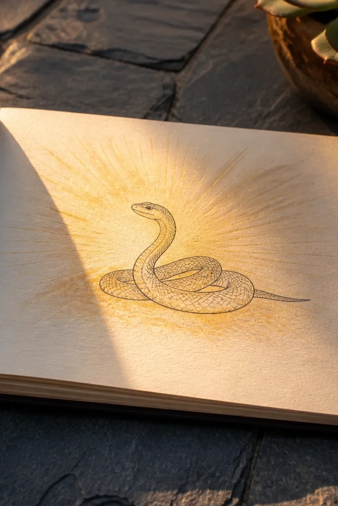 A snake sitting in a sunbeam with simple rays and warm color